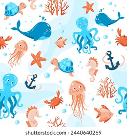 Sea and ocean animals seamless pattern. Wild marine creatures. Vector illustration for girls and boys baby shower and birthday