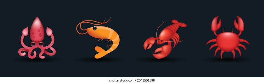 Sea, Ocean Animals Vector Illustration Emojis Collection, Icons Set. Octopus, Shrimp, Scorpion, Crab Emoji Set. Sea Mammals Collection. 3d Illustration.