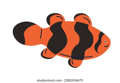 Sea or ocean aquatic fish, isolated exotic or tropical creature with fins and stripes on body. Cute personage with smiling facial expression, oceanarium or aquarium dweller. Vector in flat style
