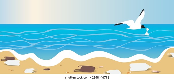 Sea or ocean beach with garbage, seagull with plastic. Flat vector stock illustration. Plastic pollution in water concept