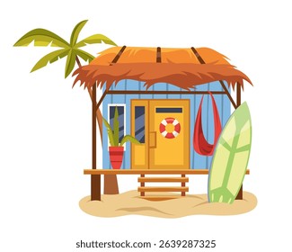 Sea or ocean beach house. Vector bungalow at seashore. Island coastal hut with surfboard. Seaside holiday cabana with palm tree. Exterior summer architecture on shore. Vacation and leisure summerhouse