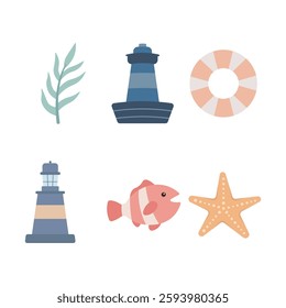 Sea Ocean Beach Marine Elements Set of Plant Lighthouse Tower Lifebuoy Fish Starfish