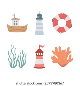 Sea Ocean Beach Marine Elements Set of Ship Lighthouse Tower Lifebuoy Seaweed Coral Reef