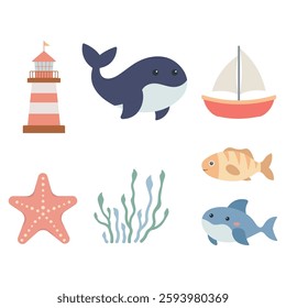 Sea Ocean Beach Marine Elements Set of Lighthouse Tower Ship Shark Whale Fish Starfish Seaweed