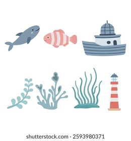 Sea Ocean Beach Marine Elements Set of Shark Whale Fish Ship Plant Seaweed Lighthouse Tower