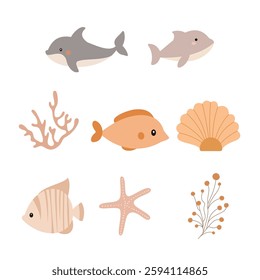 Sea Ocean Beach Marine Life Elements Set of Dolphin Fish Scallop Shell Starfish Coral Reef Plant