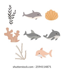 Sea Ocean Beach Marine Life Elements Set of Dolphin Shark Whale Scallop Shell Plant