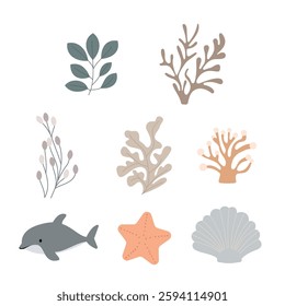 Sea Ocean Beach Marine Life Elements Set of Dolphin Starfish Seaweed Plant