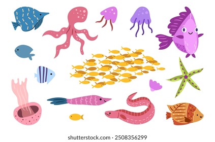 Sea and ocean biodiversity of animal, isolated underwater dwellers. Vector shoal of exotic fish and moray eel, squid and jellyfish, octopus and starfish. Fauna of marine environment characters