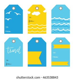 Sea, ocean, birds. Set of 6  creative tags  templates with marine theme design.  blue and yellow