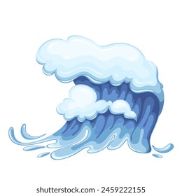 Mar y océano onda azul, dibujos animados salpicadura de agua. Olas de tormenta gigantes con hinchazón de espuma en la superficie, grandes rizos en forma de mareas de inundación o tsunami, Ilustración vectorial de elementos marinos tropicales de dibujos animados