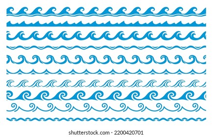 Sea and ocean blue wave line. Water surf borders and frames. Blue wave, river water flow frame divider with wave pattern. Ocean water frame vector separators or dividers