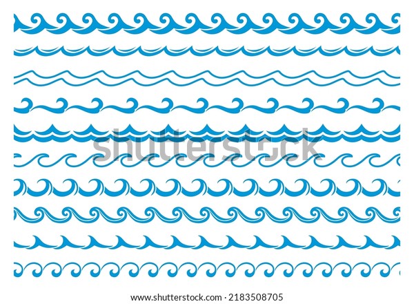 Sea and ocean\
blue wave line, water surf border frames, vector pattern. Abstract\
blue wave seamless zigzag dividers and marine boarders in geometric\
wavy stroke, frames and\
borders