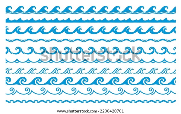 Sea and ocean blue wave
line. Water surf borders and frames. Blue wave, river water flow
frame divider with wave pattern. Ocean water frame vector
separators or dividers