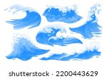 Sea, ocean blue waves set vector illustration. Cartoon isolated splashes with foam texture on wavy water surface, silhouettes of waves at surf of flood and beach tide, motion of liquid collection