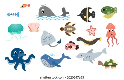 Sea and ocean cartoon cute animal set. Flat design isolated on white background. vector, illustration