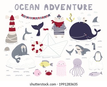 Sea, ocean clipart set, bear sailor, ship, lighthouse, shark, whale, animals, fish, isolated on white. Hand drawn vector illustration. Scene creator. Scandinavian style flat design kids print concept