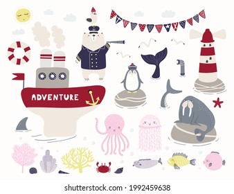 Sea, ocean clipart set, bear sailor, ship, lighthouse, animals, fish, corals, isolated on white. Hand drawn vector illustration. Scene creator. Scandinavian style flat design. Concept for kids print