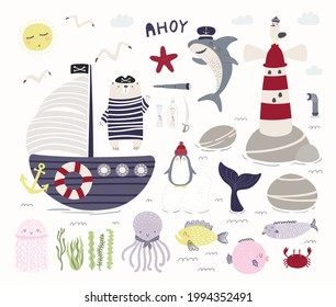Sea, ocean clipart set, bear pirate, ship, lighthouse, shark, animals, fish, isolated on white. Hand drawn vector illustration. Scene creator. Scandinavian style flat design. Concept for kids print