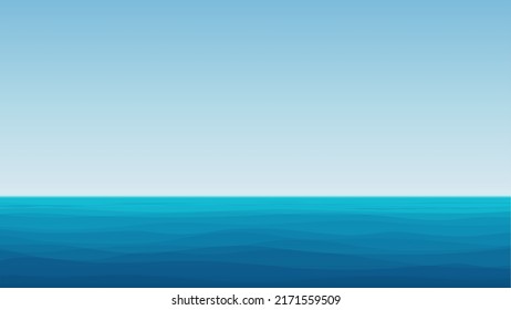 Sea ocean coastline scenery  panoramic sunny landscape vector illustration  Blue line waves in water  clear sky for outdoor vacation relax   journey  seascape scenery  coast view background