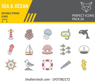 Sea and Ocean color line icon set, ocean animals collection, vector graphics, logo illustrations, Sea vector icons, marine signs, filled outline pictograms, editable stroke
