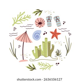 O mar, o oceano. O conceito de verão, férias, viagens. elementos tropicais. natureza, algas, ondas, estrela, guarda-chuva, corais tropicais, algas. elementos exóticos. Vetor de arte de linha minimalista