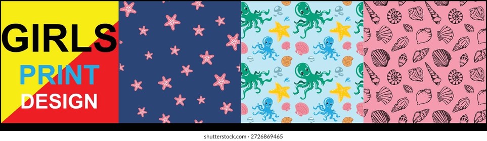 Sea and Ocean Creatures Seamless allover vector design, Sea animal seamless repeat allover design. Beautiful allover vector design for kids were women's were.