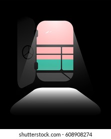 Sea or ocean cruise minimalist background concept. Evening sea and ship deck as seeing through wide open ship door. Simple marine design element, template, poster or flyer.