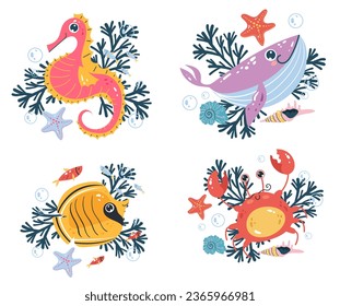 Sea ocean cute animal life underwater isolated set. Vector graphic design illustration