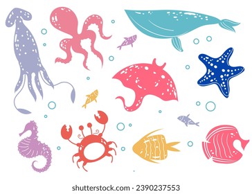 Sea ocean cute animal underwater characters isolated set. Vector flat graphic design illustration
