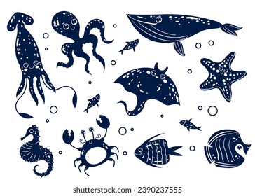 Sea ocean cute animal underwater characters isolated set. Vector flat graphic design illustration