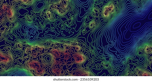 Fondo de la pancarta del mapa topográfico de profundidad oceánica marina. Ilustración de vectores de líneas onduladas con curvas. Colinas, ríos y montañas. Concepto geográfico.