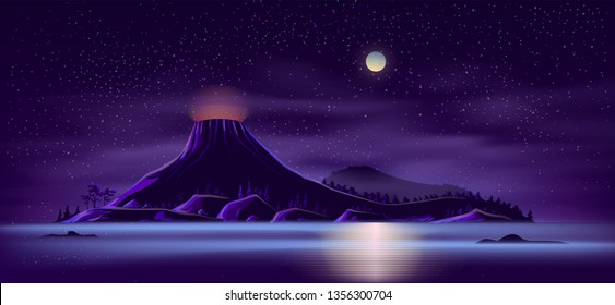 Sea or ocean desert, uninhabited island shore night landscape with active, ready for eruption volcano, mountain top fiery glowing in darkness cartoon vector illustration. Tectonic or volcanic activity