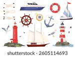 Sea and ocean design elements. Marine vector illustration of lighthouses, ships, anchor, seagulls, compass and sea knots. Collection nautical vector illustrations isolated on white background
