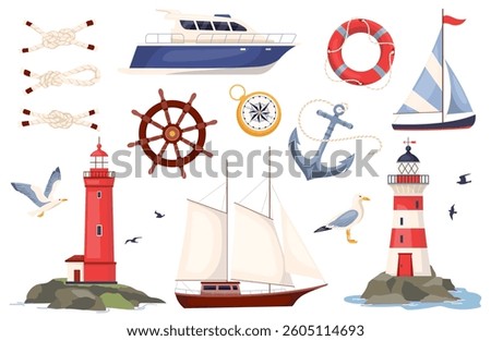 Sea and ocean design elements. Marine vector illustration of lighthouses, ships, anchor, seagulls, compass and sea knots. Collection nautical vector illustrations isolated on white background