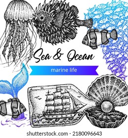 Sea Ocean Dotwork Poster. Vector Illustration of Handdrawn Tattoo Sketch Concept.