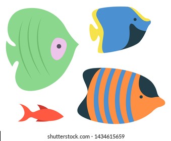 Sea or ocean fish species, isolated colorful aquarium habitats. Vector striped orange, blue and green anemones, swimming coldblood animals living in tank