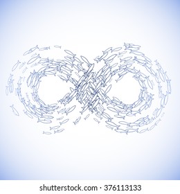 Sea and ocean fish swimming in the shape of an infinity sign. The school of vector mackerel drawn in line art style in blue colors. Coloring book page design. 