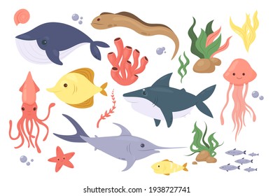 Sea or ocean fish, underwater aquatic animal vector illustration set. Cartoon cute starfish coral seaweed algae from bottom and air bubbles, octopus herring jellyfish shark whale eel isolated on white
