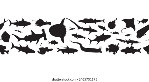 Sea and ocean fish. Vector black silhouette seamless border.