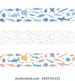 Sea and ocean fish. Vector blue, color line and colorful silhouette seamless borders.