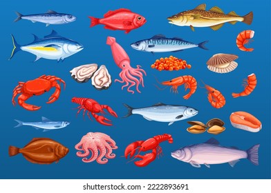 Sea and ocean fishes, crustaceans and shellfish set vector illustration. Cartoon isolated seafood collection with crab and lobster, whole sardine and anchovy, salmon and tuna, pieces and fish fillet