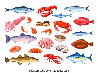 Sea and ocean fishes and marine animals set vector illustration. Cartoon isolated seafood collection with red caviar, pieces and whole salmon, raw shrimp and crab, oyster and tuna for restaurant menu