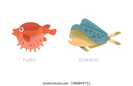 Sea Ocean Fishes Set, Fugu, Dorado Fish Flat Vector Illustration