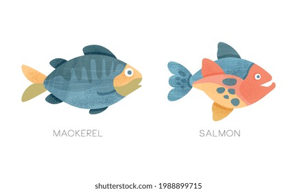 Sea Ocean Fishes Set, Mackerel, Salmon Fish Flat Vector Illustration