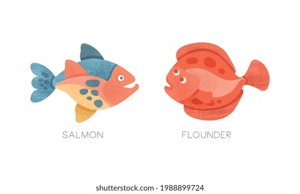 Sea Ocean Fishes Set, Salmon, Flounder Fish Flat Vector Illustration