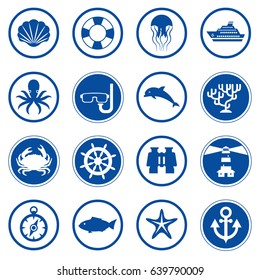 Sea and ocean flat icons collection with marine elements in circles in blue and white colors isolated vector illustration
