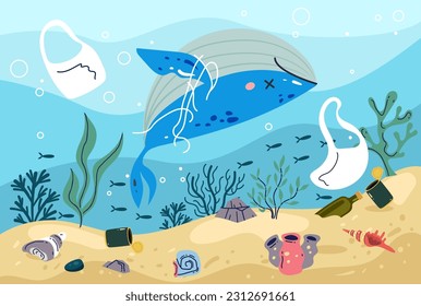 Sea ocean garbage marine trash polluted concept. Vector graphic design illustration
