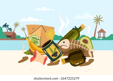Mar oceano lixo lixo marinho conceito poluído. Ilustração de design gráfico vetorial	