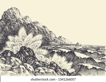 Sea or ocean hand drawing, waves breaking on shore